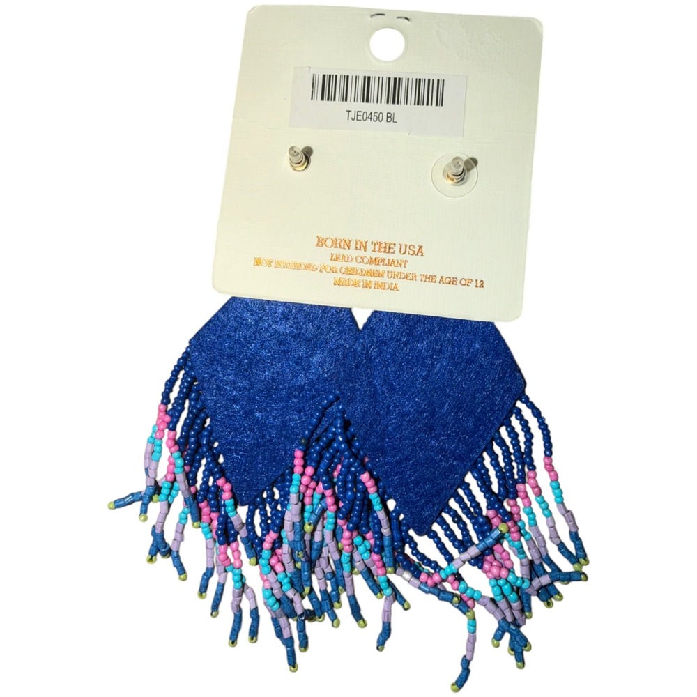 Kay Lee New York Beaded Fringe Statement Earrings Blue Boho Geometric NWT - Picture 2 of 2